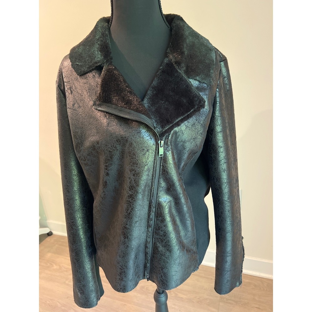 Rock & Republic Women's Black Metallic Crackle Faux Leather Fur Moto Jacket L